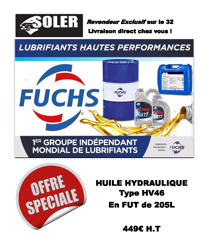 OFFRE Spéciale jusqu’au 31 Avril : Huile hydraulique type HV46 205 litres Fuchs